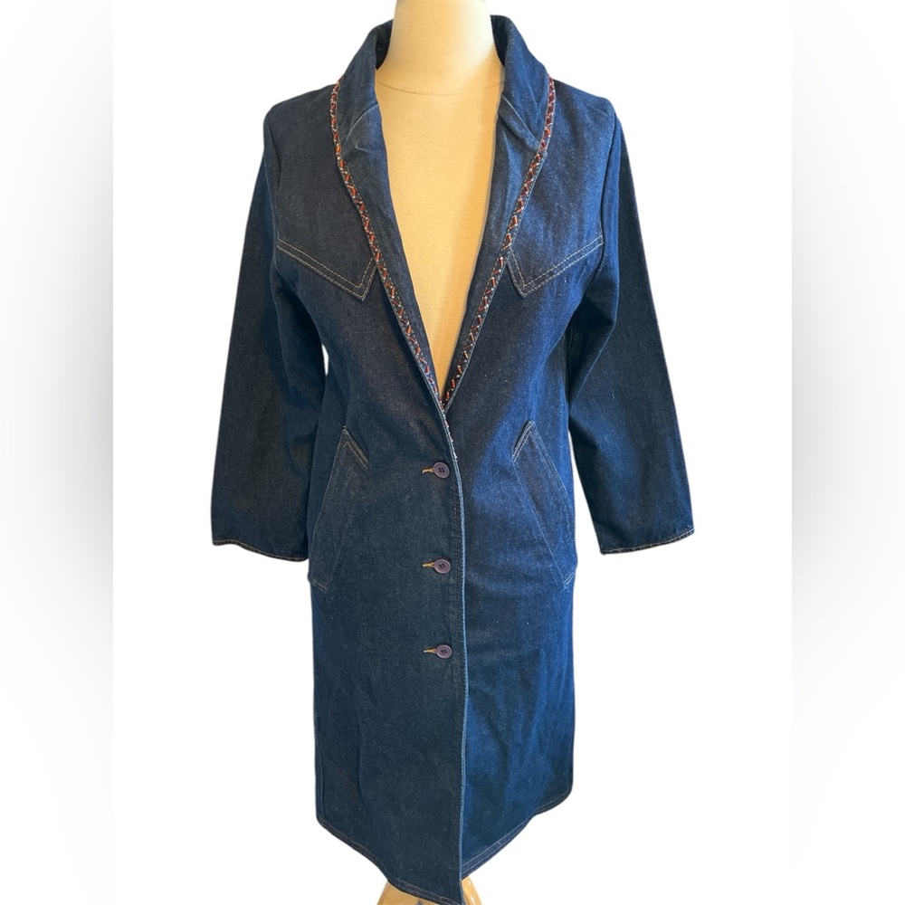 Boone Industries Denim Duster Button up Coat Beads & Modern detail Made in USA - Picture 1 of 17